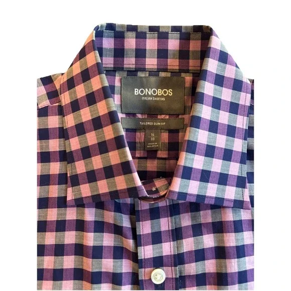 Bonobos Purple Gingham Dress Shirt Mens 16 33 Tailored Slim Fit Button Up - Picture 5 of 6